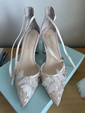 Bella Belle Ivory Pointed Heels with Floral Appliqué and Ankle Straps